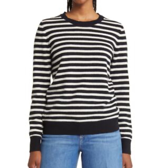 NEW Nordstrom black cream striped cashmere crewneck sweater small - Picture 2 of 7